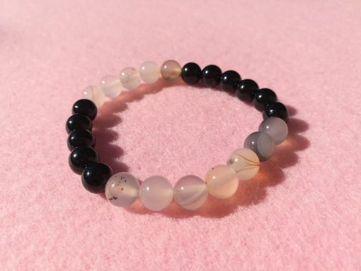 Bracciale di Onice Nero e Agata Bianca, Elastico con Pietre Dure Lisce