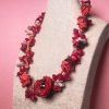 Collana Rossa con Fiore in Stoffa di Organza, Grappoli di Tessuto Riciclato, Cristalli, Cordino e Spago