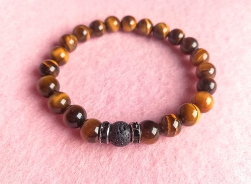 Bracciale Marrone con Pietre Dure di Occhio di Tigre, una Pietra Lavica e Rondelle con Strass Neri, Elastico ed Elegante